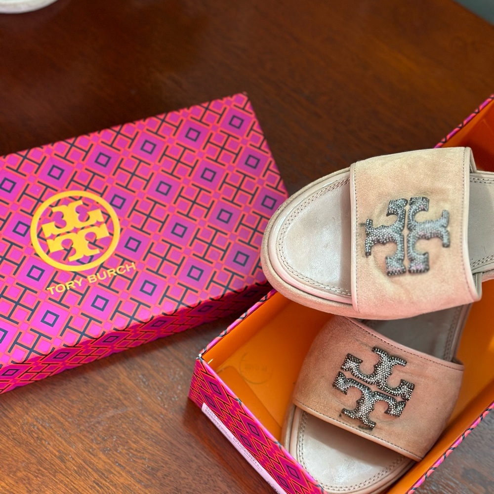 Fabulous Tory Burch Eleanor Crystal Double T Suede Sandals In Meadowsweet Sz 10.